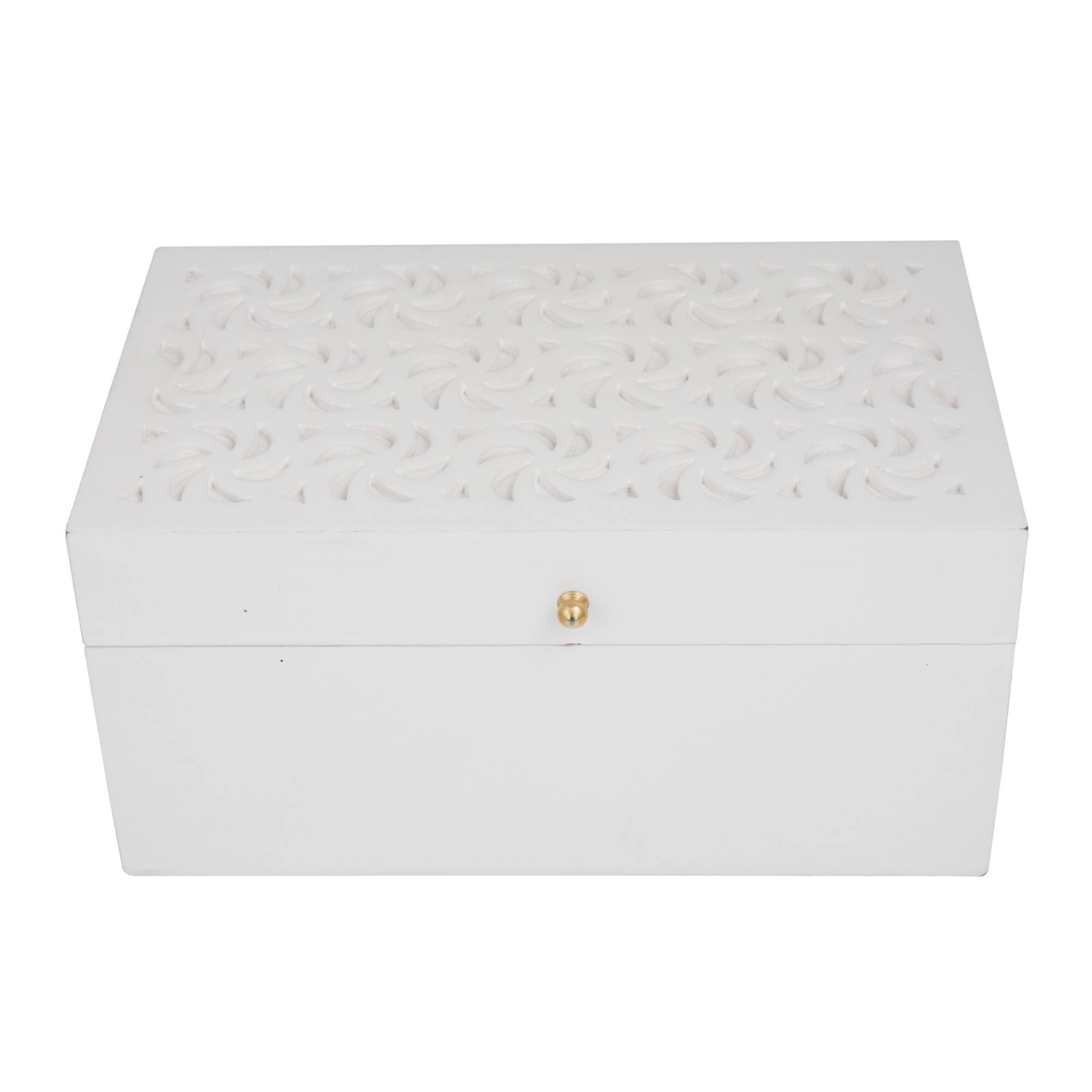 White Wood Intricate Carved Box with Hinged Lid Set